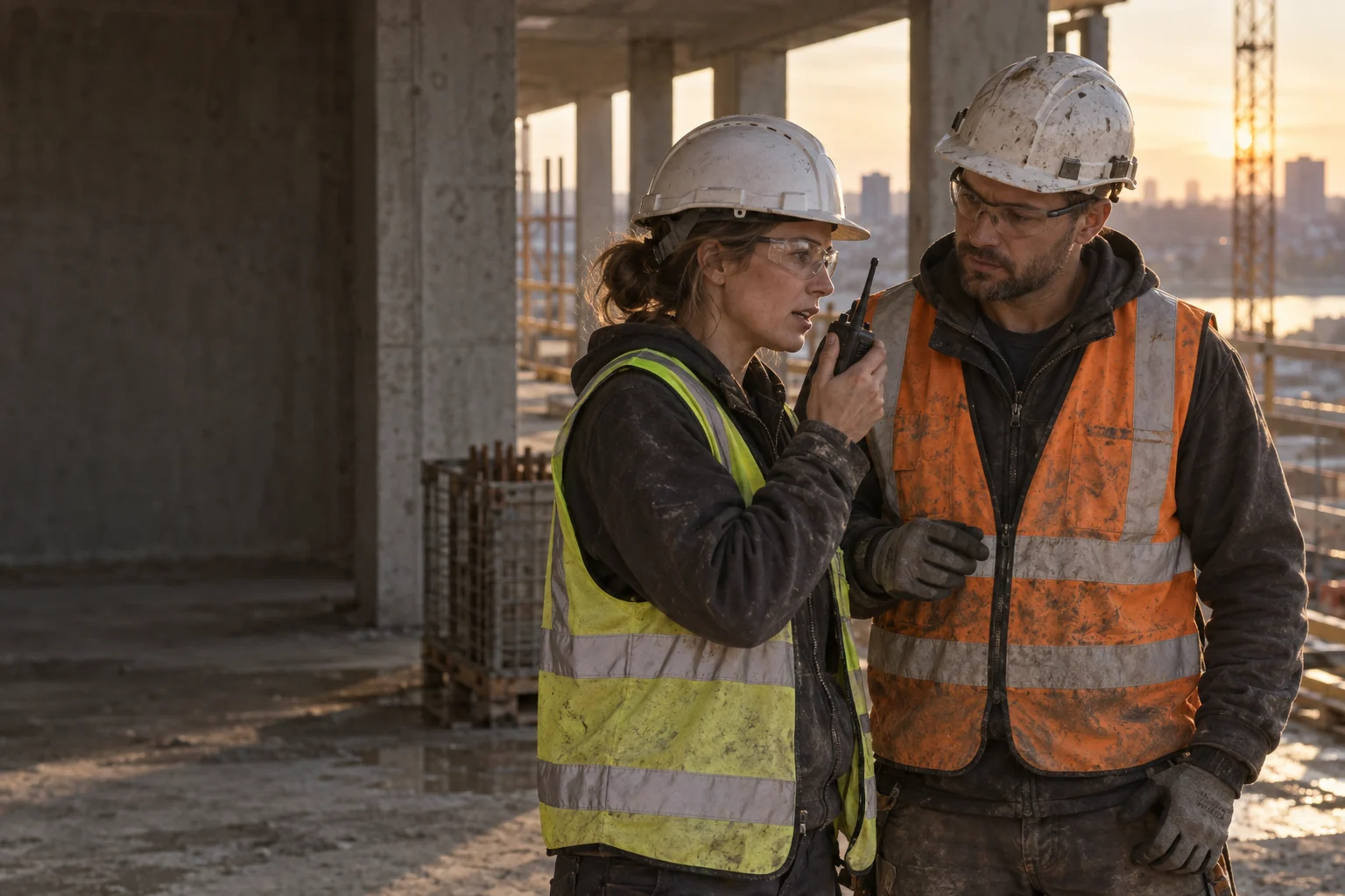 Two construction workers talking together on a site